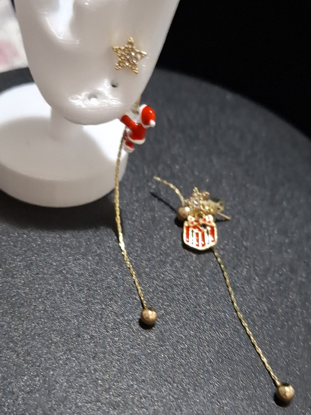 Gold Drop Earrings with Red Enamel Accent and Star Motif